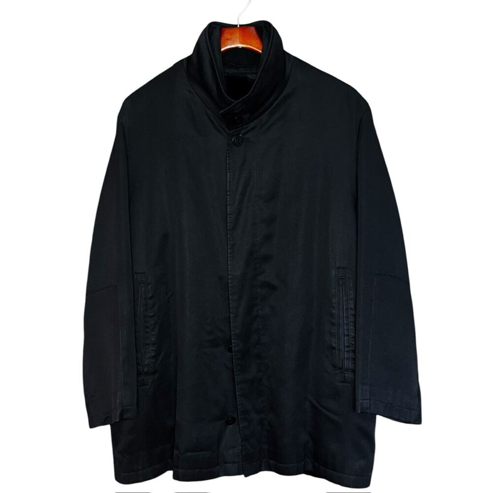 VINTAGE HANA K MENS BLACK OILSKIN CANVAS TOPCOAT OVERCOAT SHERLING LINED M / MED